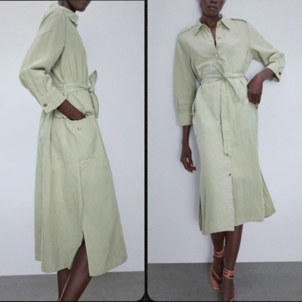S/M New ZARA Linen Button Down Belted Dress Maxi Dress